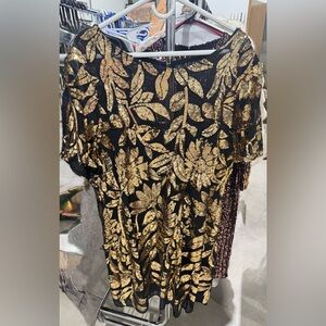 Maeve Black Dress with Gold Sequin Floral Pattern